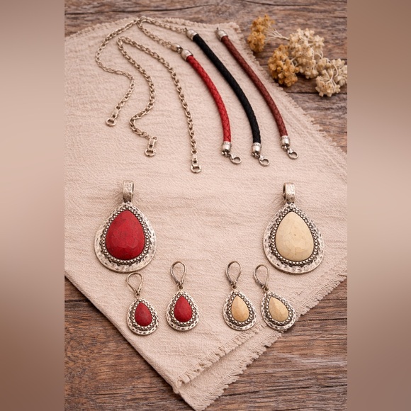 Premier Designs Jewelry - Vintage Interchangeable Necklace Set Boho Statement Pendant Earrings